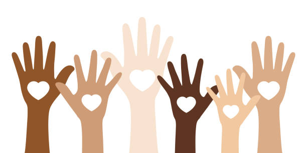 Hands Flat vector illustration of people with different skin colors raising their hands. Unity concept.